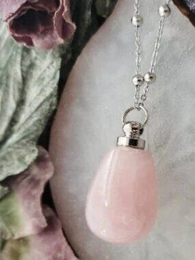 Locket Crystal Necklace Quartz Perfume Vial Refillable Pink Stone - Empty